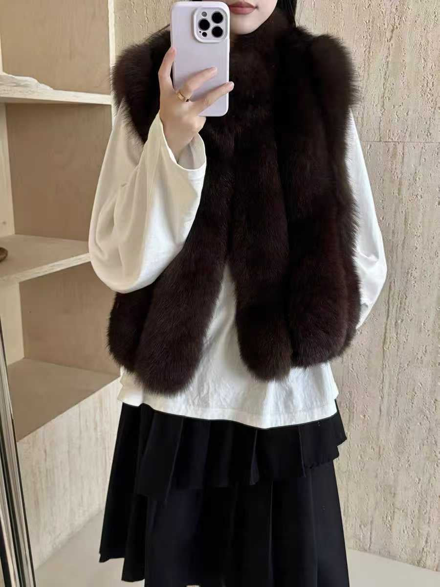 Standing collar lined fox fur vest(Brown)