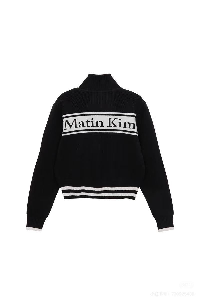 Matin Kim zip LOGO KNIT CARDIGAN IN BLACK