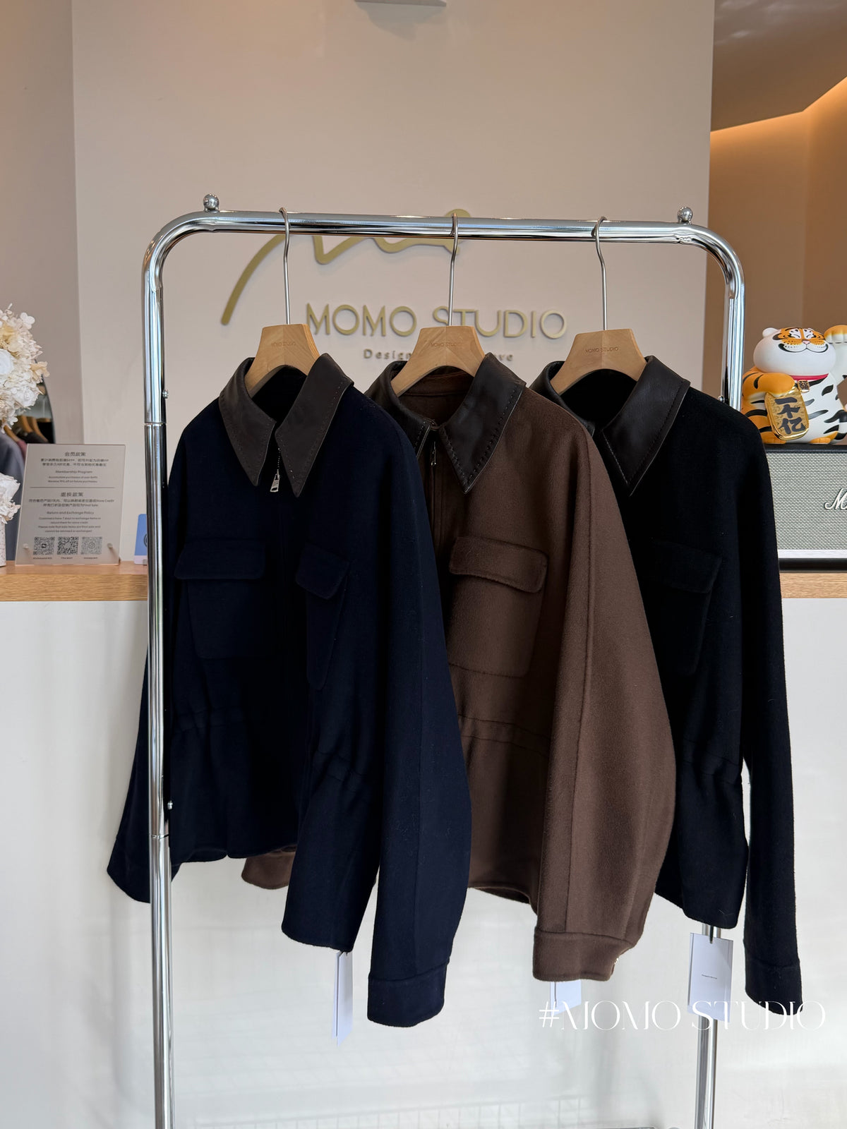 Faux leather collar ajustable waist wool jacket