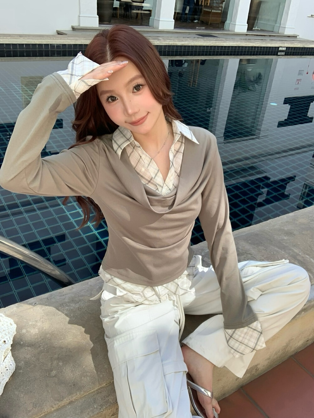 Draped checkered shirt fake two piece top