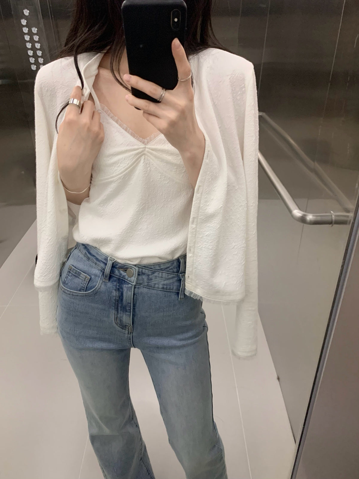 V-neck lace trim and cardigan 2-piec set