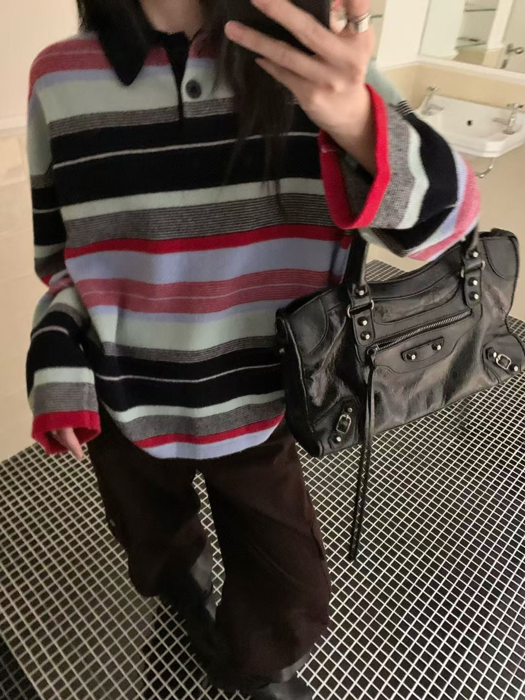 Color-striped polo sweater