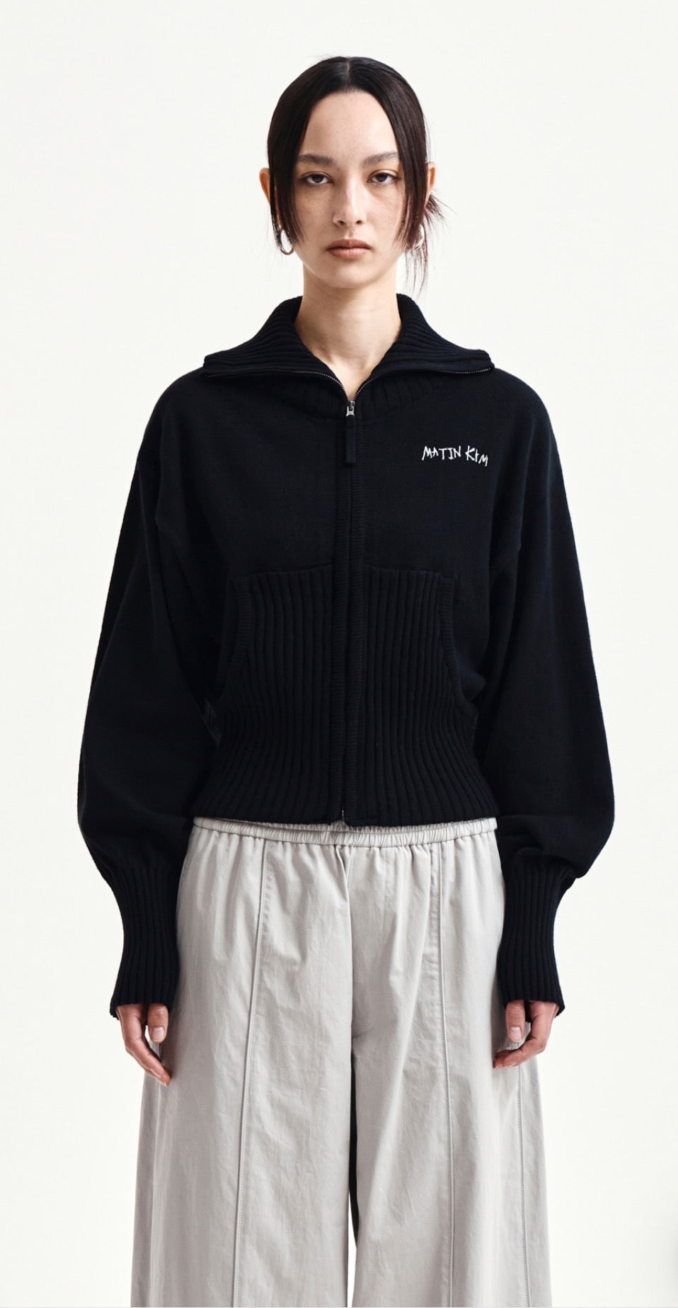 Matin Kim HIGH NECK EMBROIDERED LOGO ZIP UP FOR WOMEN IN BLACK