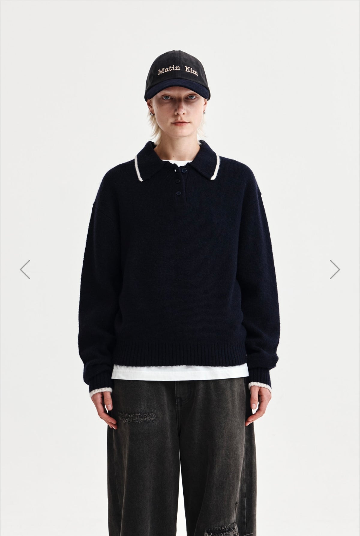 MATIN KIM BACK LOGO COLLAR KNIT TOP FOR WOMEN IN DARK NAVY