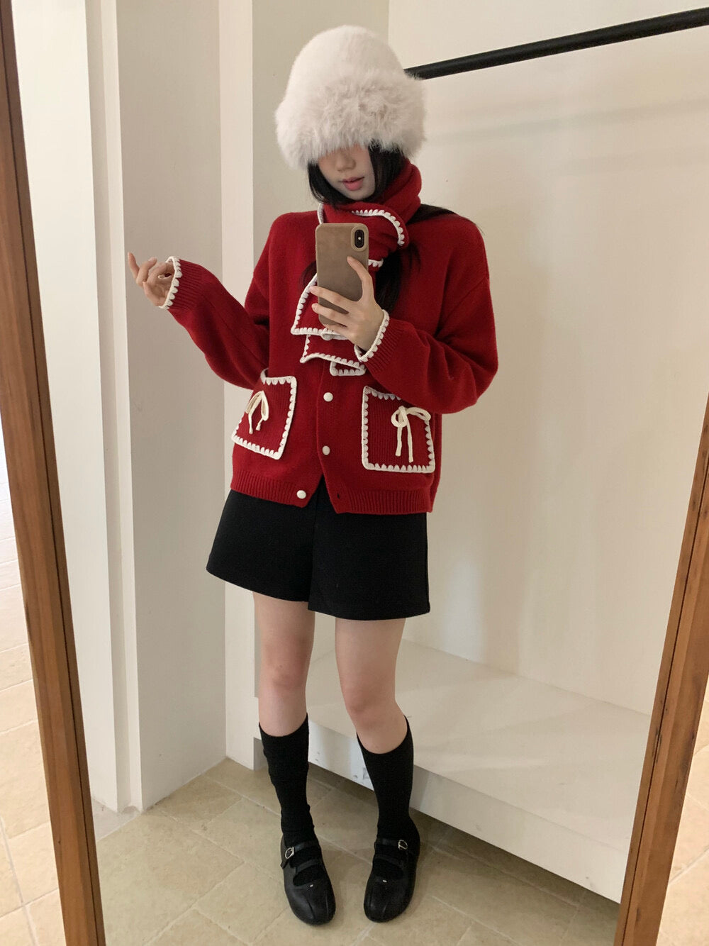 Stitched bowknot cardigan with scarf