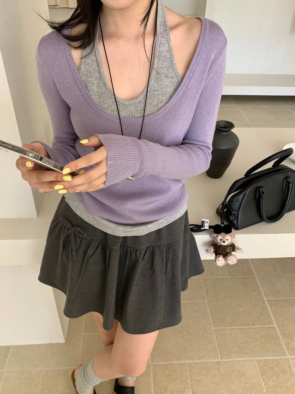 Neckline slimming knit sweater set of two pieces