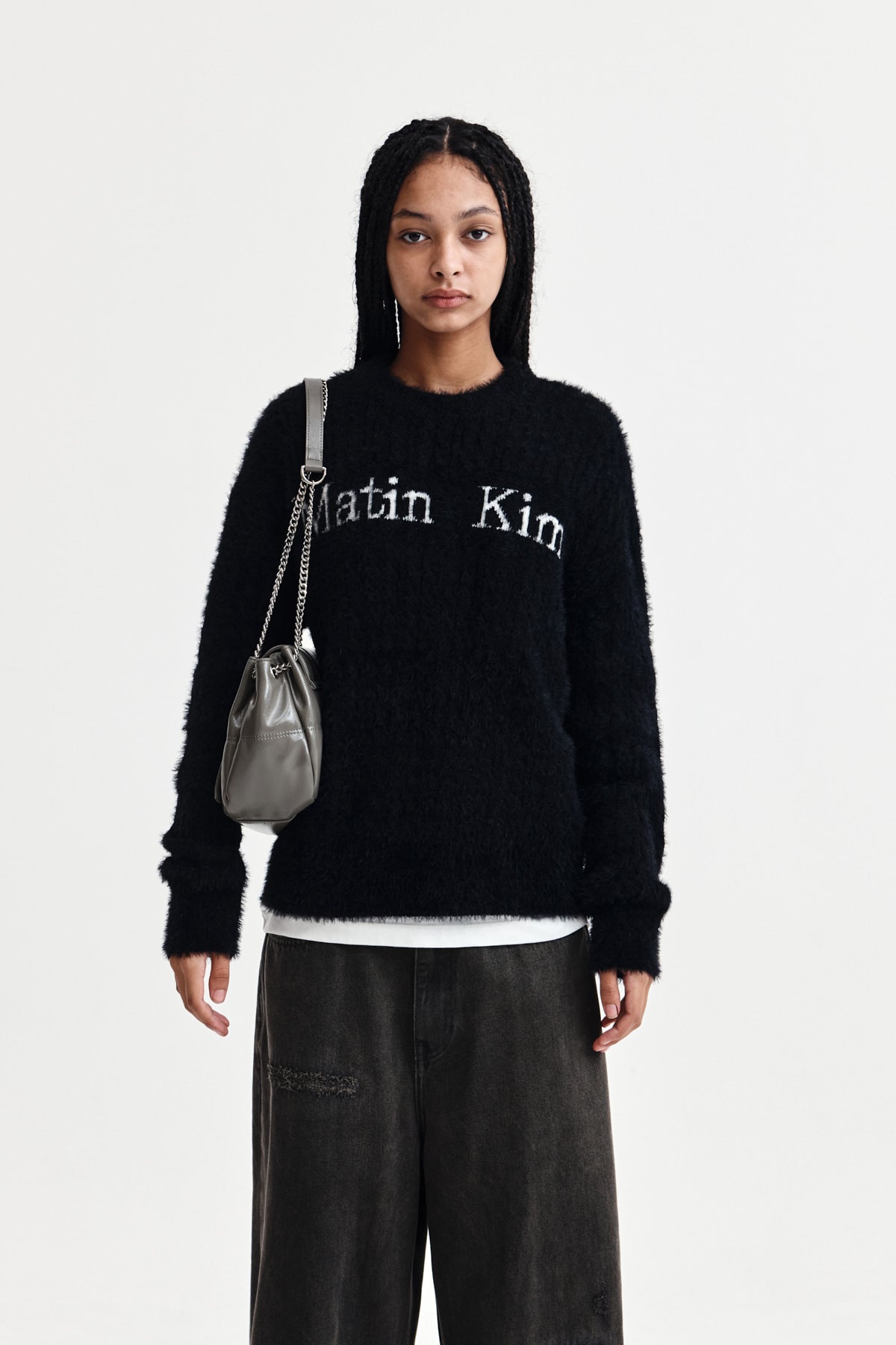 Matin Kim HAIRY CABLE KNIT PULLOVER IN LIGHT Black