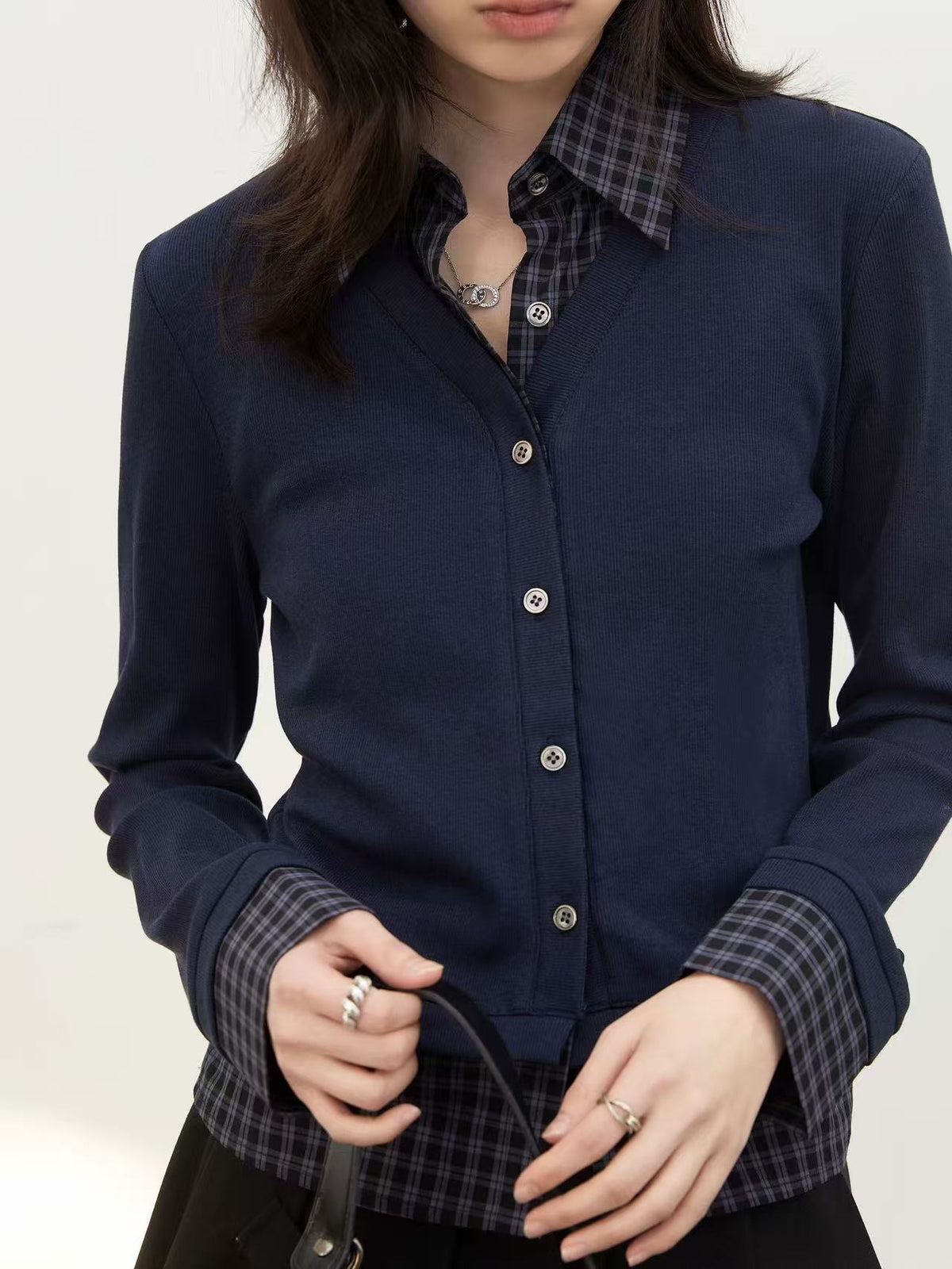 Shirt-style patchwork fake two-piece cardigan