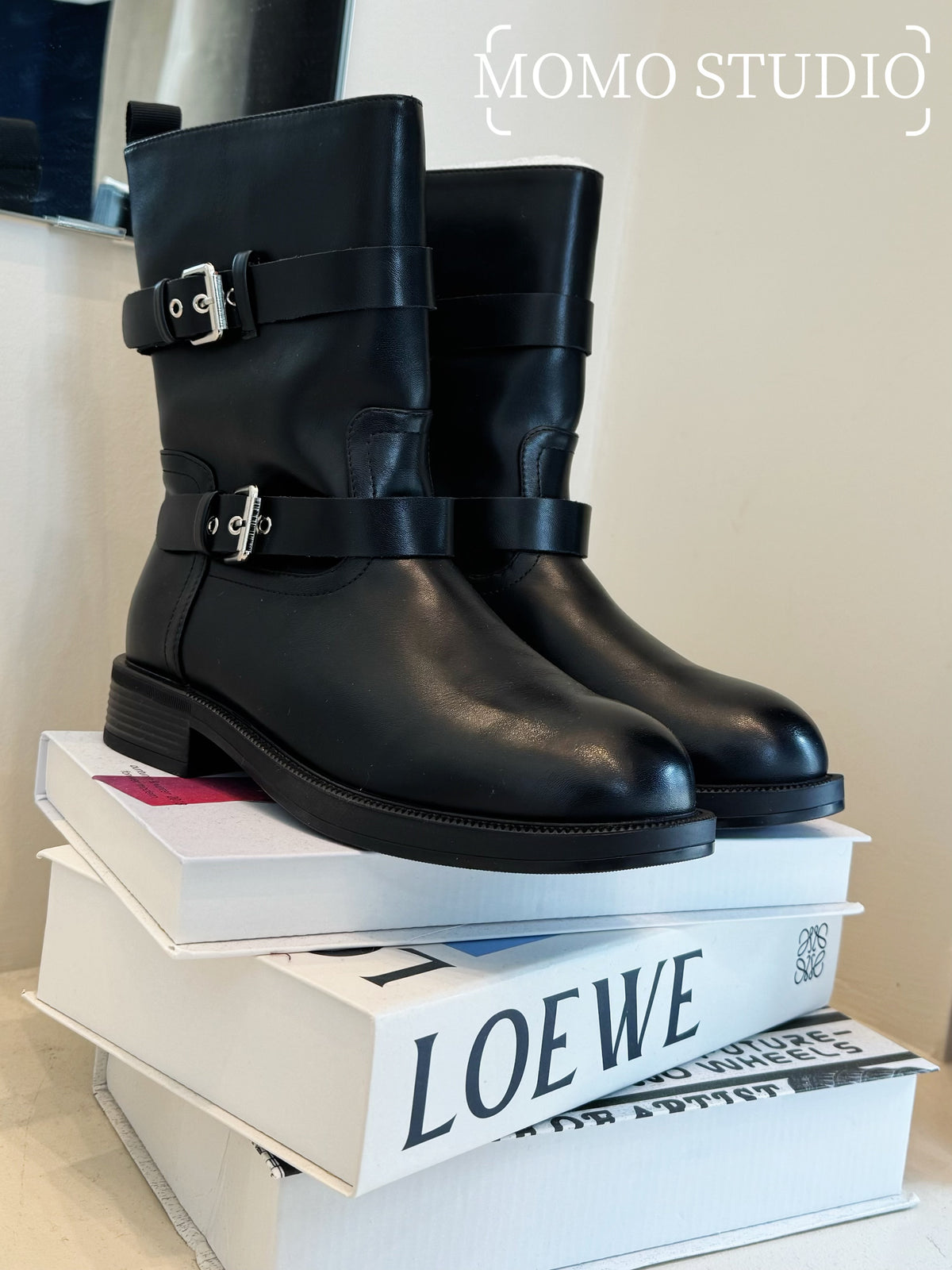 Round-toe Martin boots with leather buckles