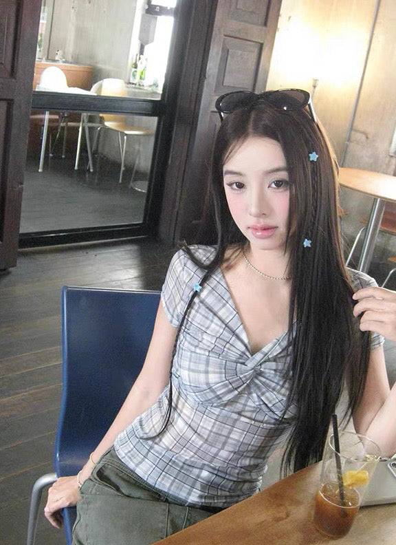 Mesh plaid twist T-shirt