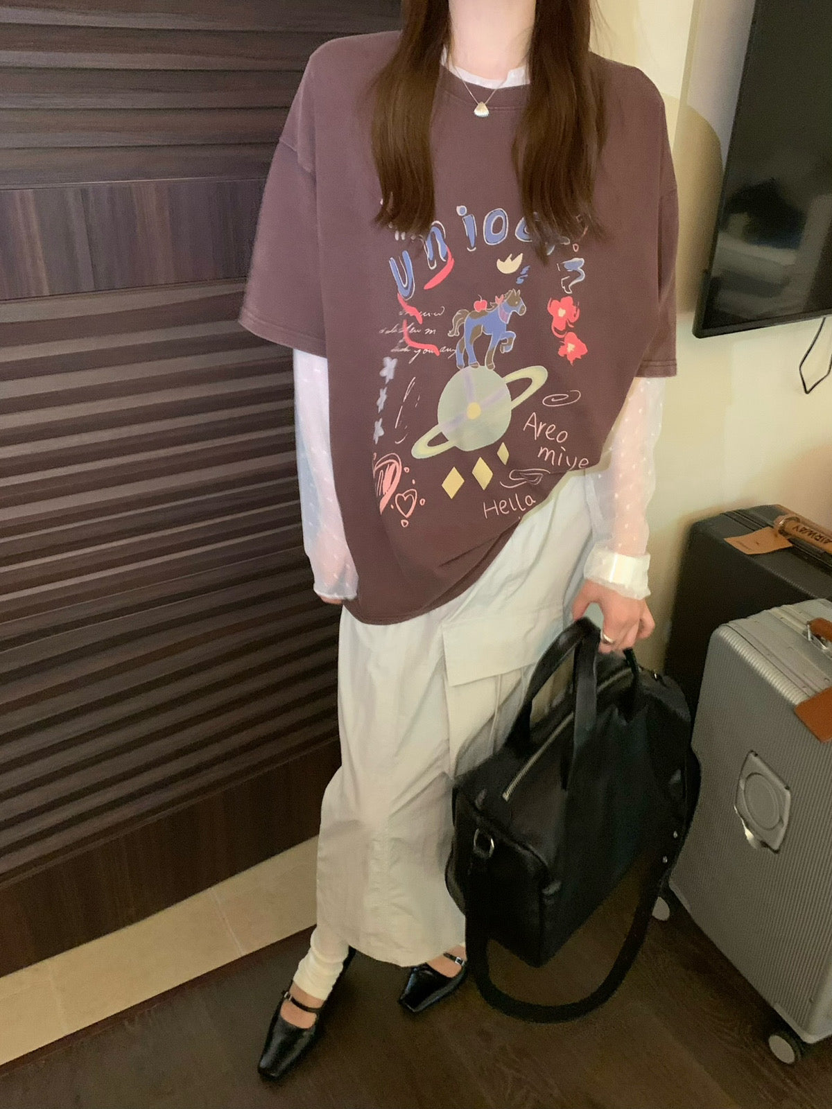 Saturn print mesh sleeve T-shirt