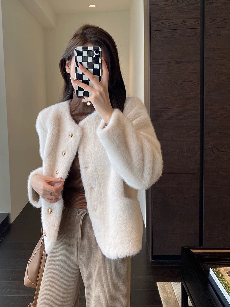 Round neck short eco-friendly fur coat