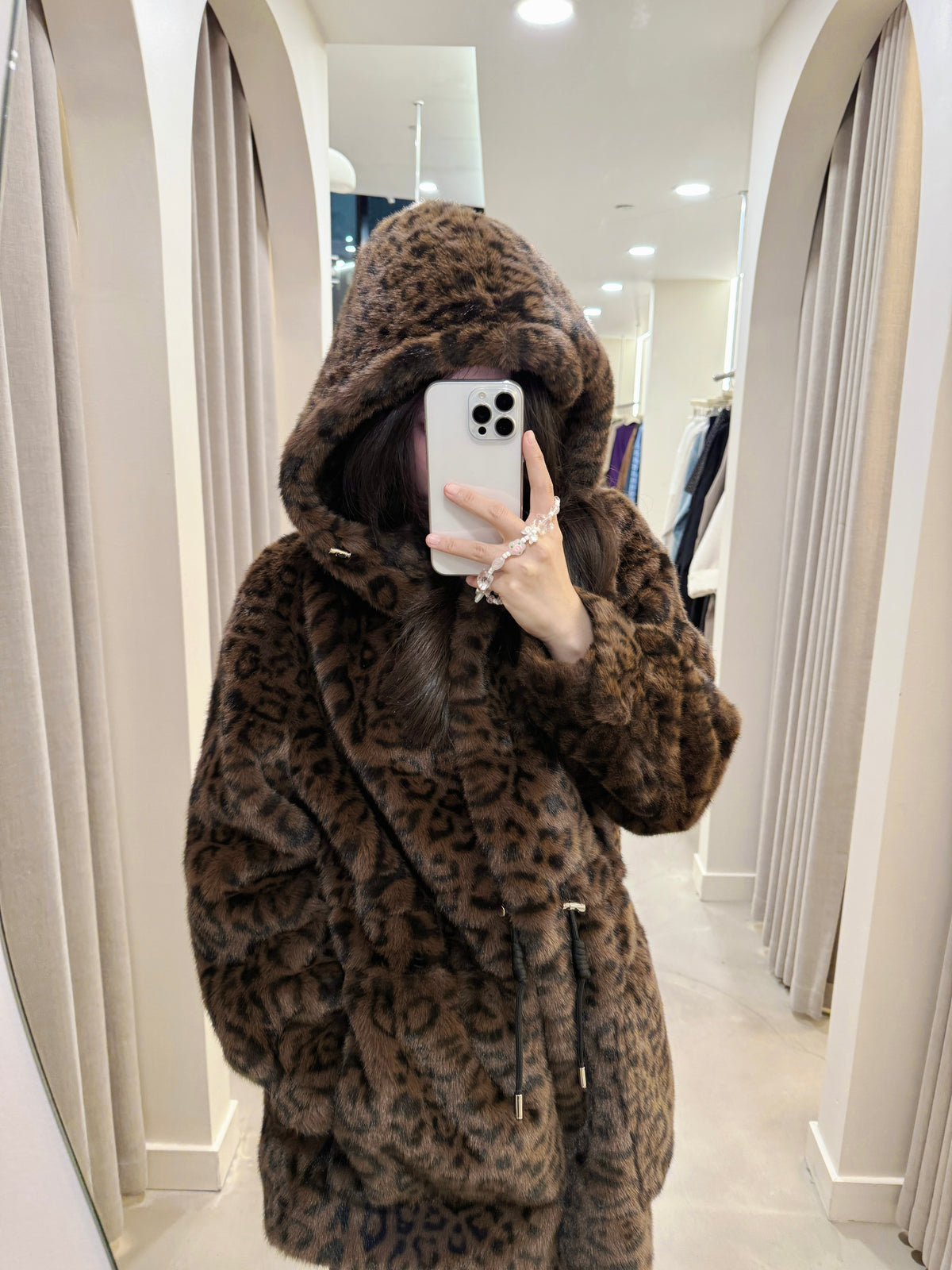 Leopard print faux fur coat with drawstring waist