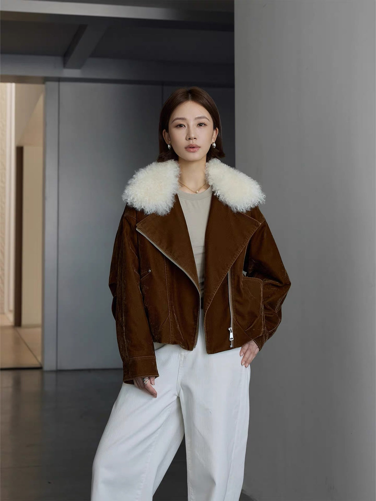 Velvet goose down bomber with shearling collar zip up