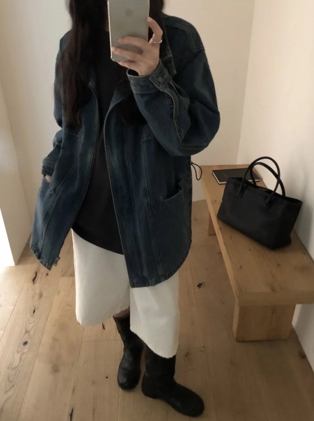 Stand collar mid-length denim jacket