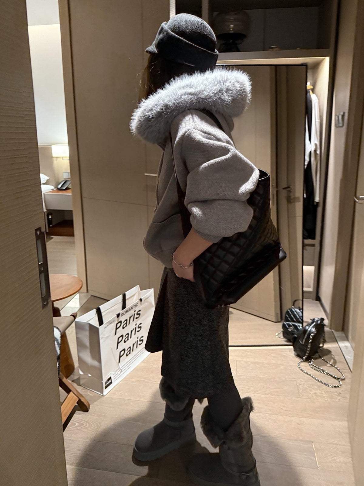 Faux fur hoodie cardigan