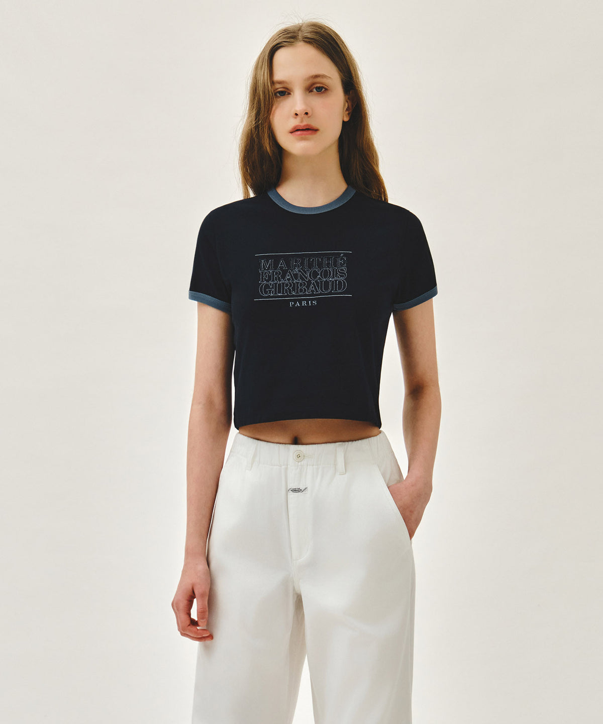 MARITHE FRANCOIS GIRBAUD W CLASSIC LOGO APPLIQUE RINGER CROP TEE dark navy