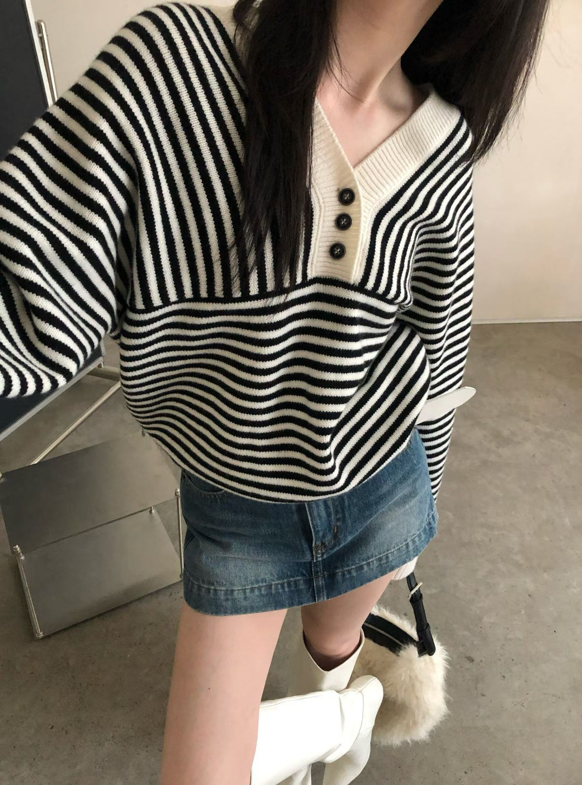 Stripe button collar sweater（100% Wool）