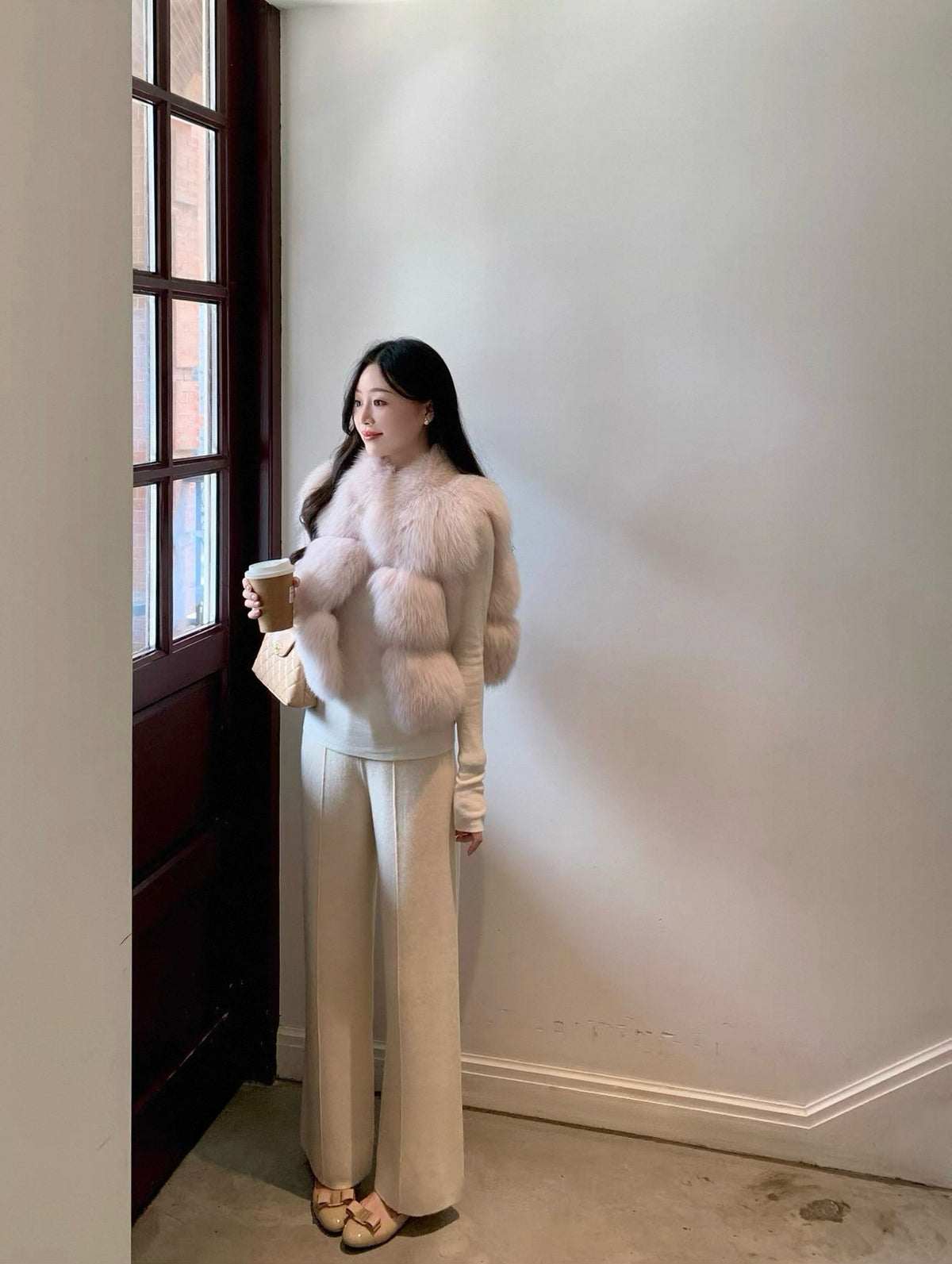 Cropped fox fur vest（Blush Pink）