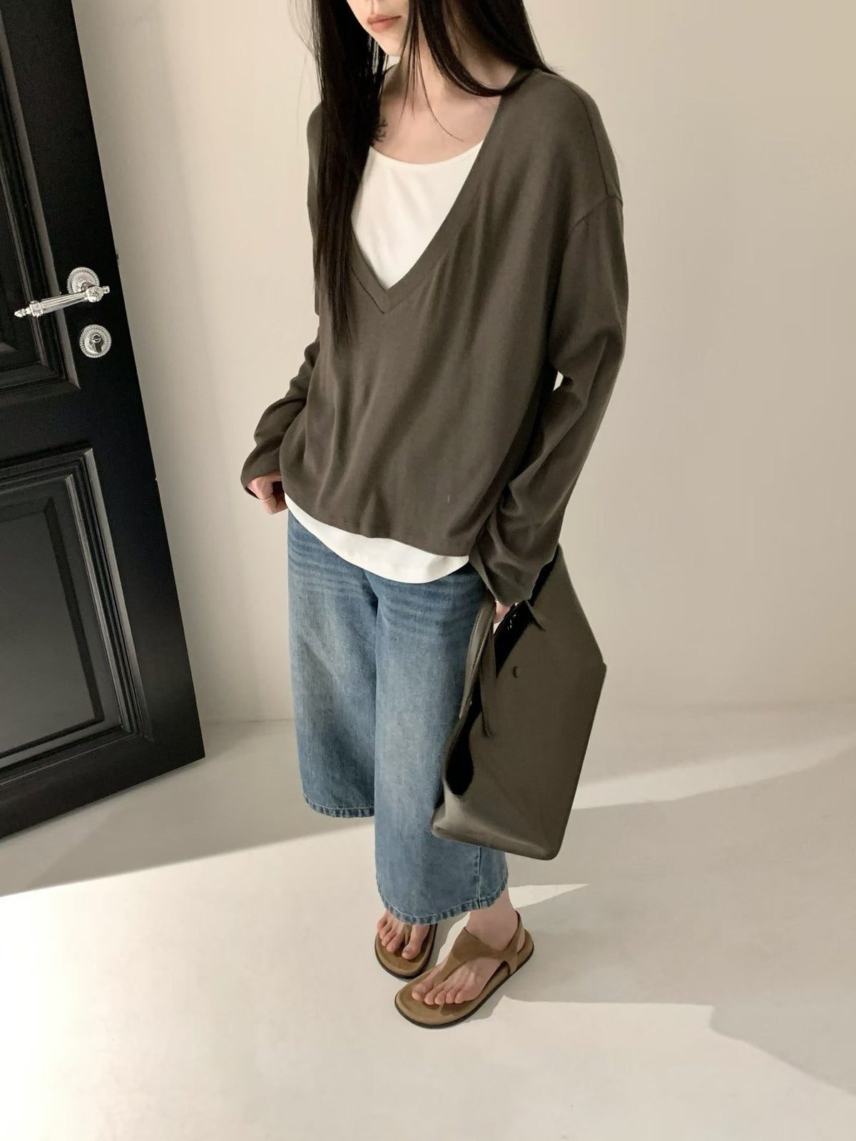 V-neck fake 2-piec set