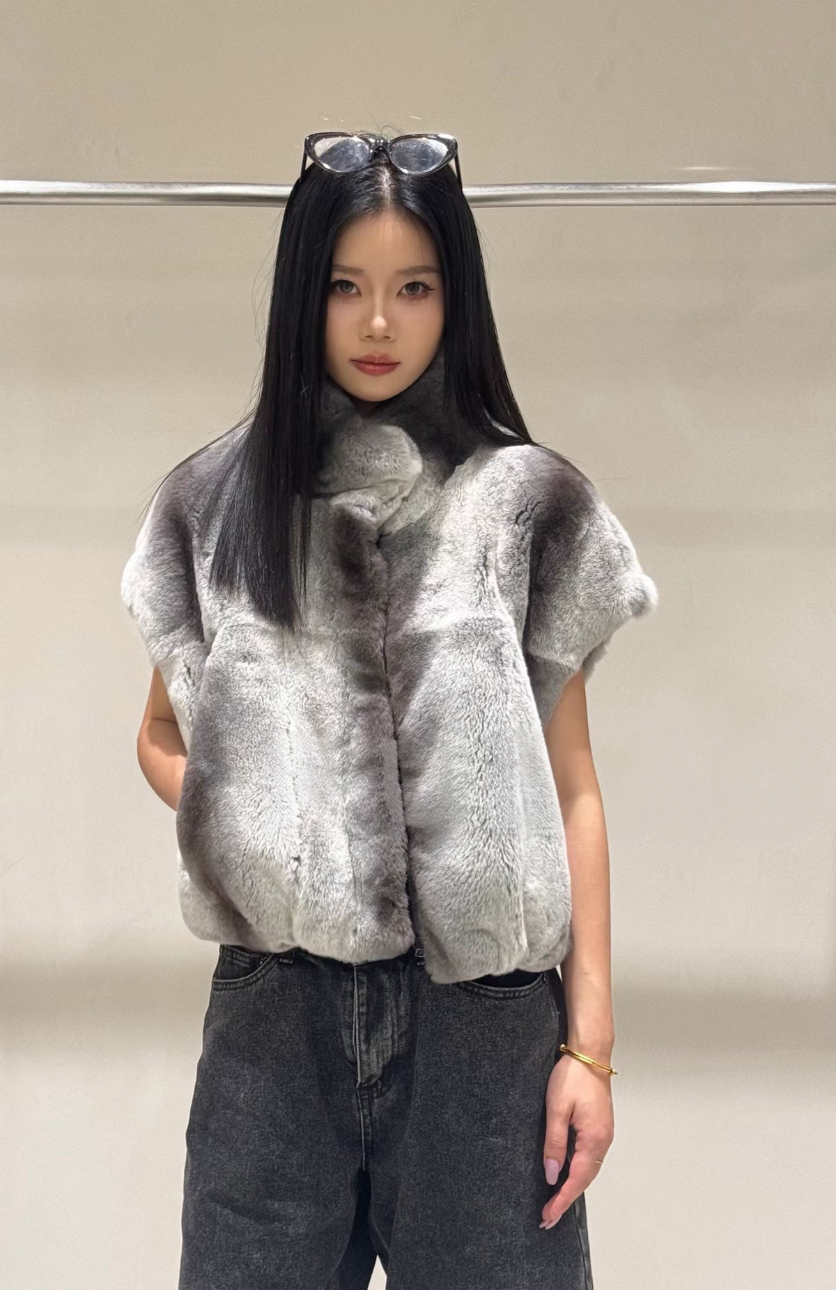 Rex rabbit fur totoro pattern stand collar vest