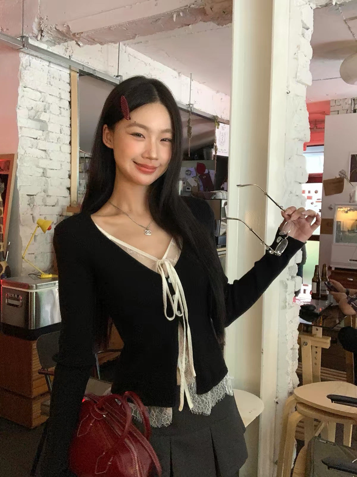 Lace tied fake 2-piec top