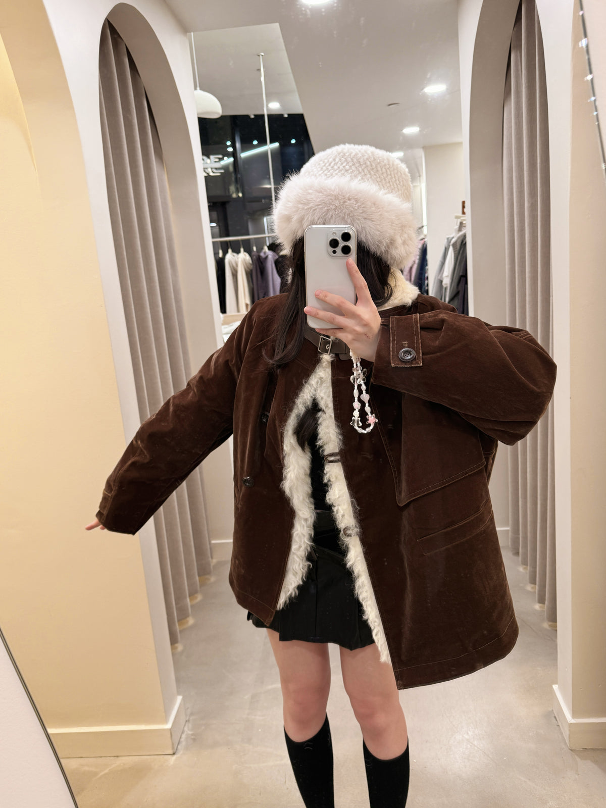 Velvet goose down shearling lined mid-length button up coat