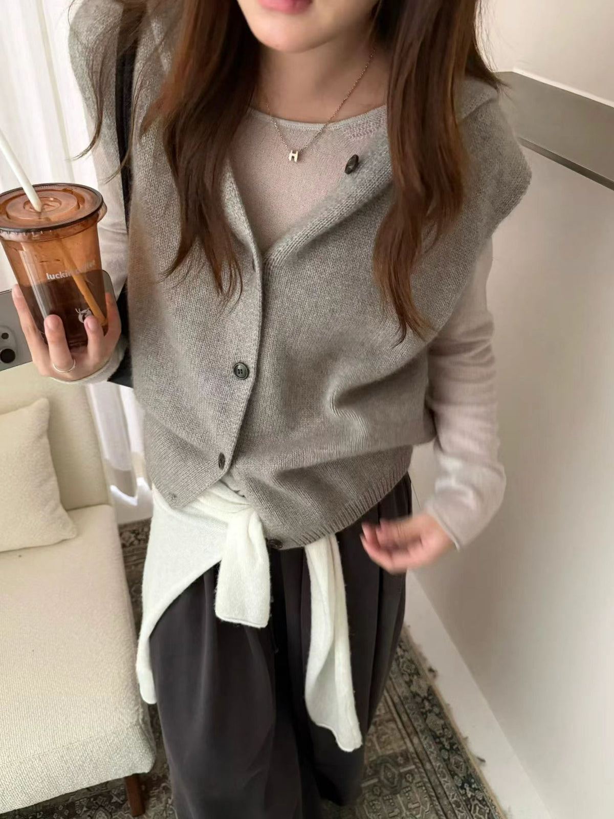 Button hoodie knit vest