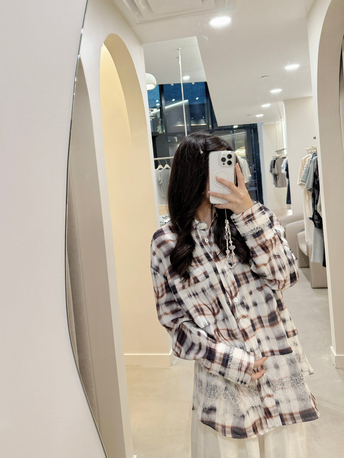 Lace panel plaid shirt