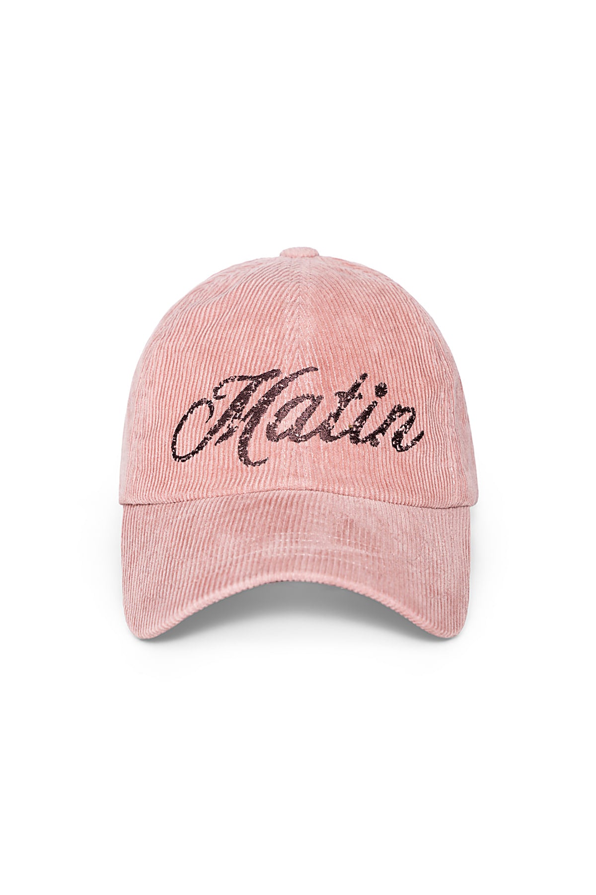 MATIN KIM CRACKED SCRIPT CORDUROY BALL CAP IN PINK