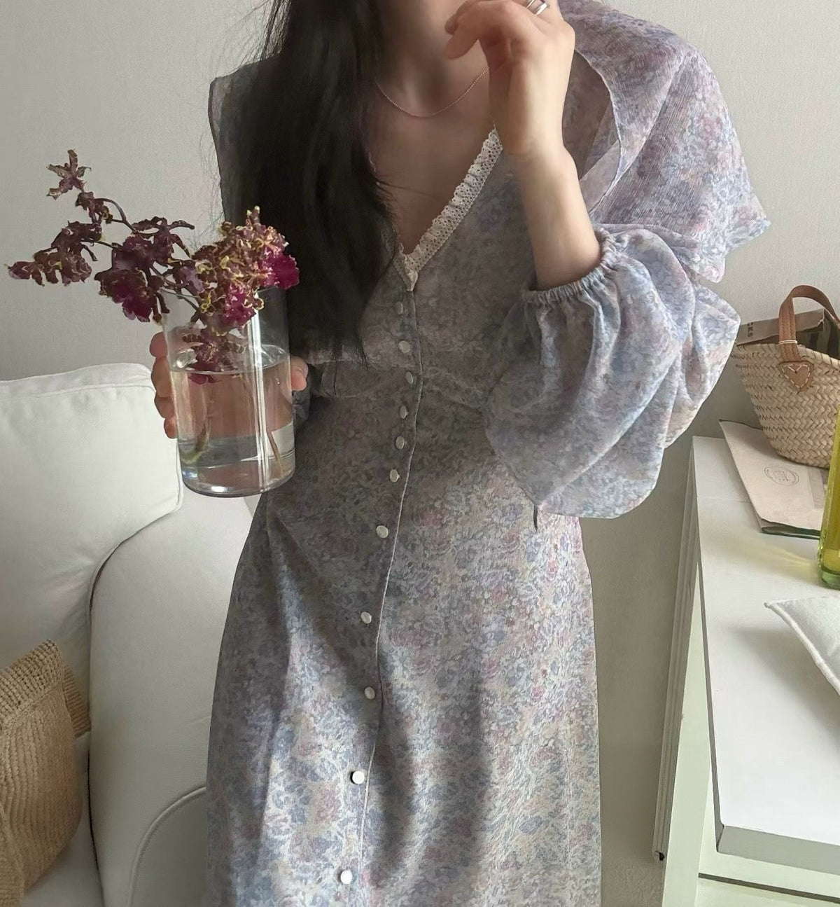 IMISSYOU V-neck lace trim button long dress with scarf in Purple