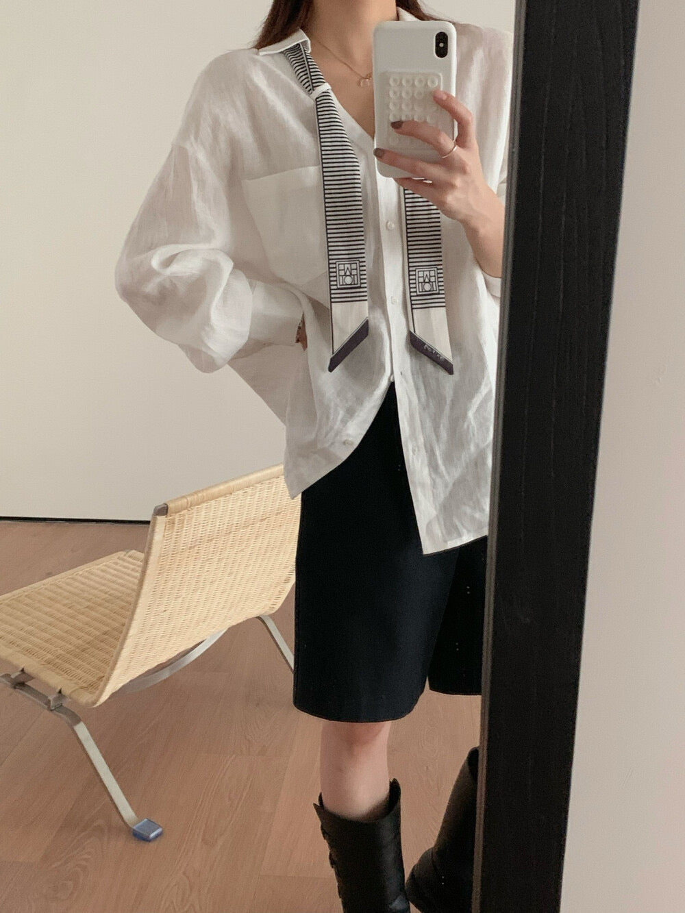 Linen ribbon shirt