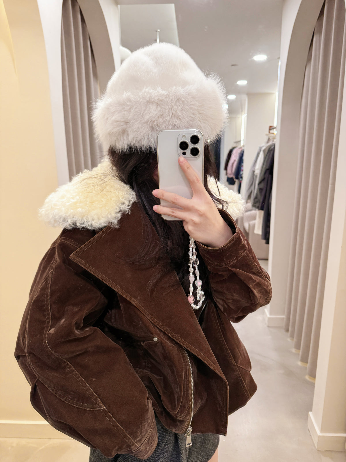 Velvet goose down bomber with shearling collar zip up