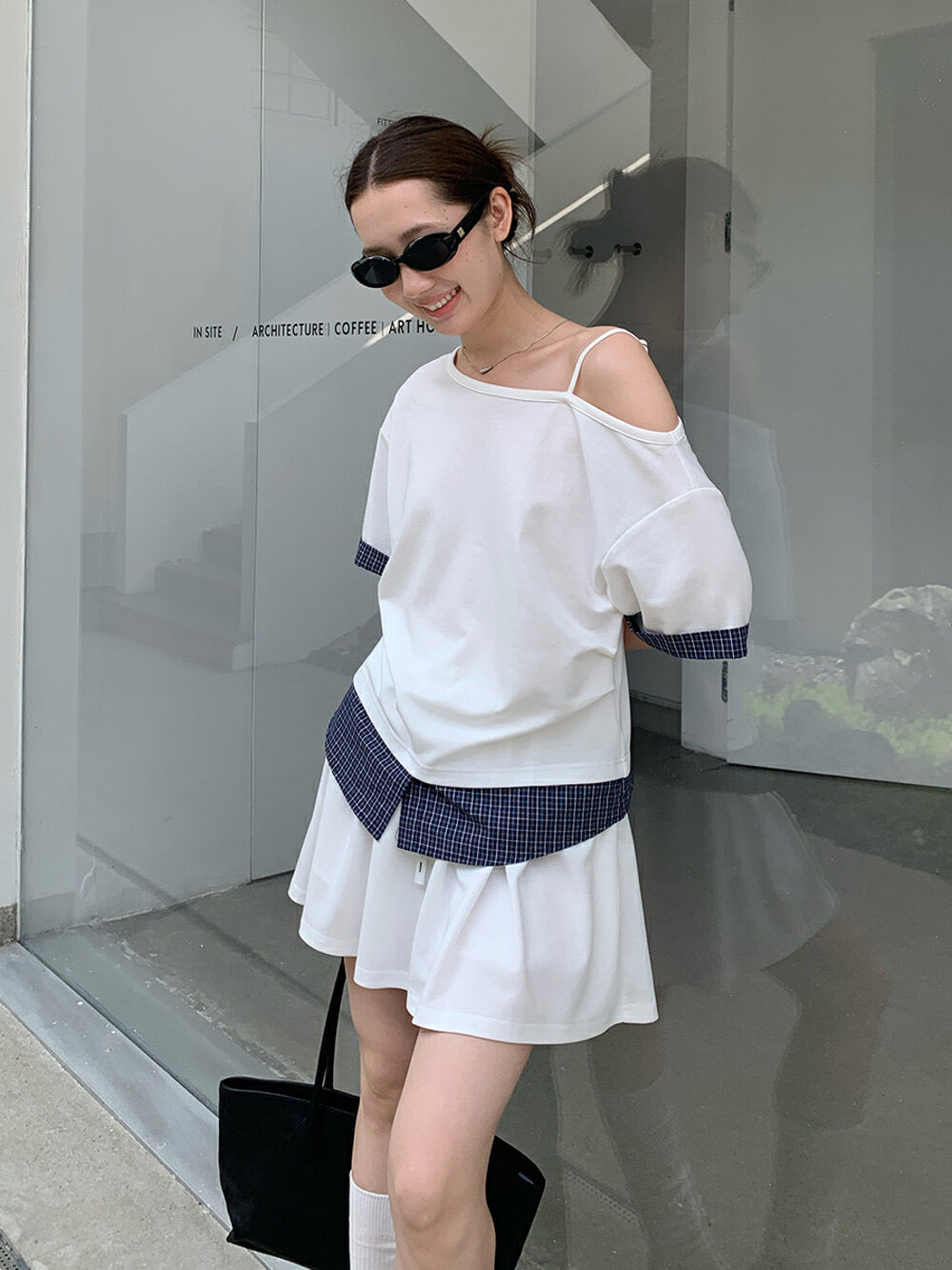 Slightly-sleeved Plaid Short Sleeve Top and Shorts Set