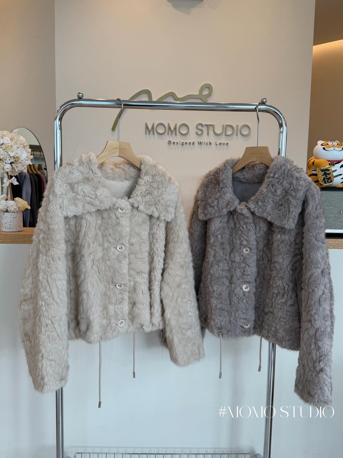 Curly Eco-Fur folded collar string jacket