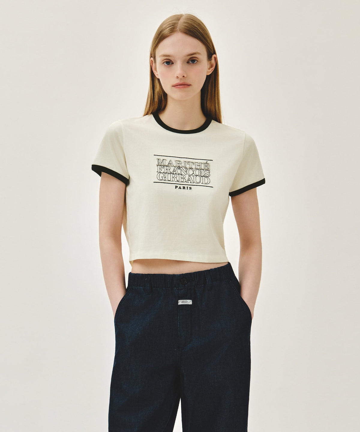 MARITHE FRANCOIS GIRBAUD W CLASSIC LOGO APPLIQUE RINGER CROP TEE ivory