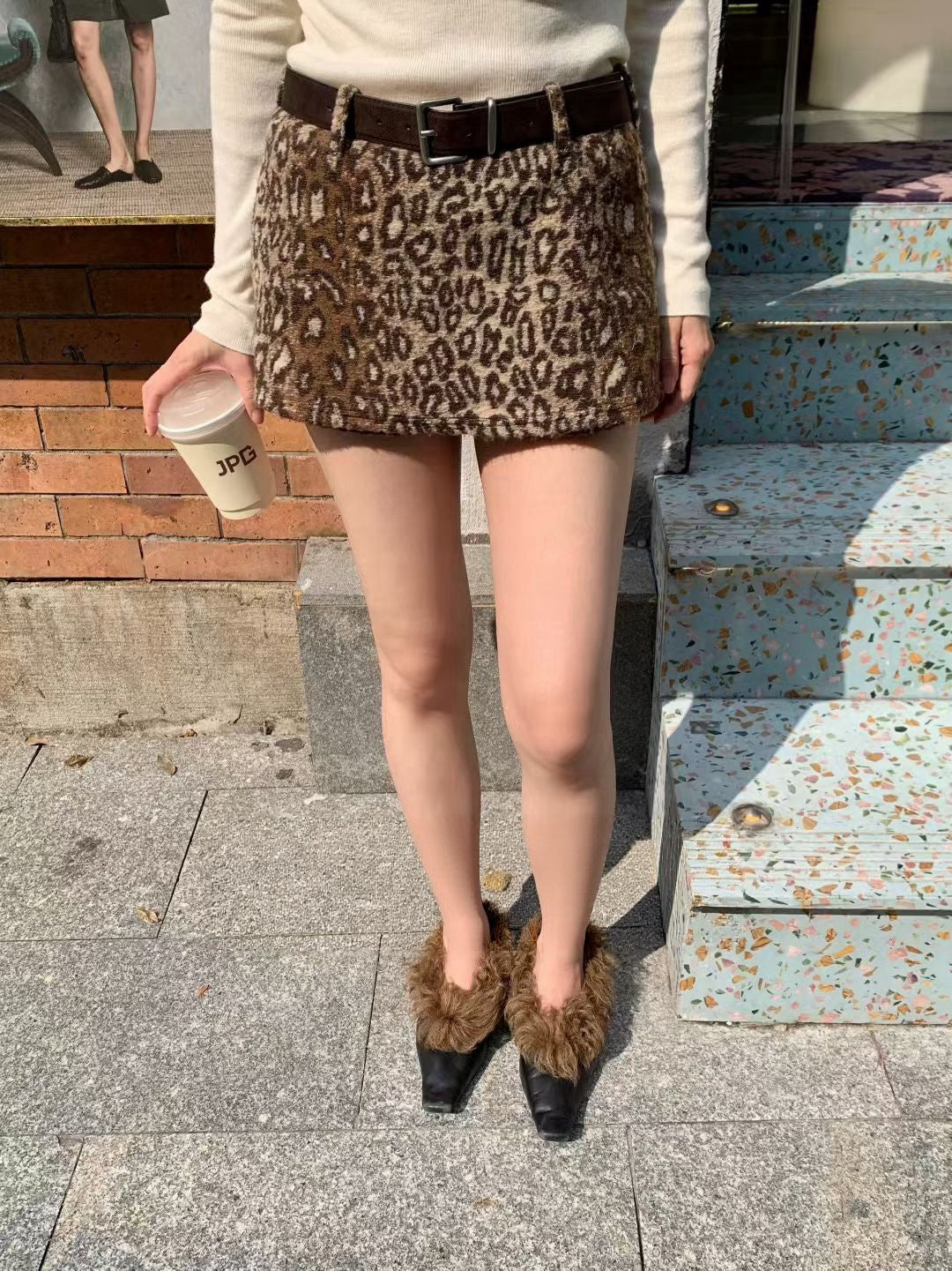 Looped leopard skirt with belt