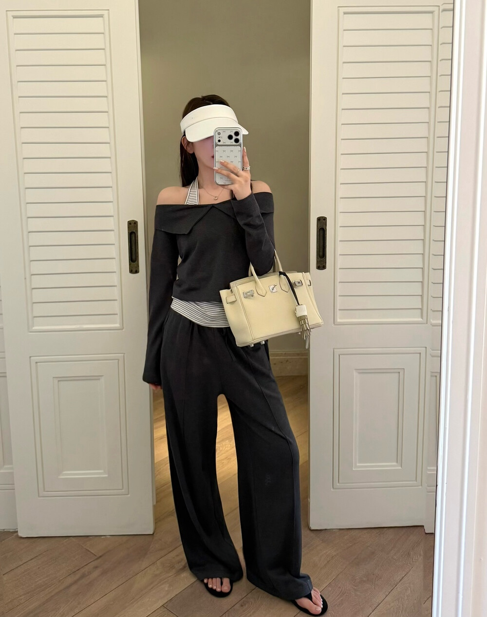 Folded collar off-shoulder toop and pants 3-piec set