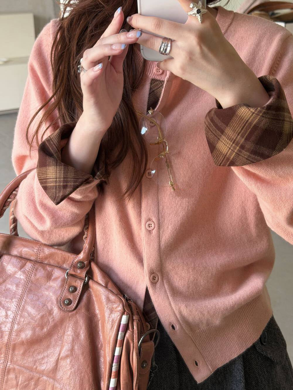 Plaid patchwork cardigan