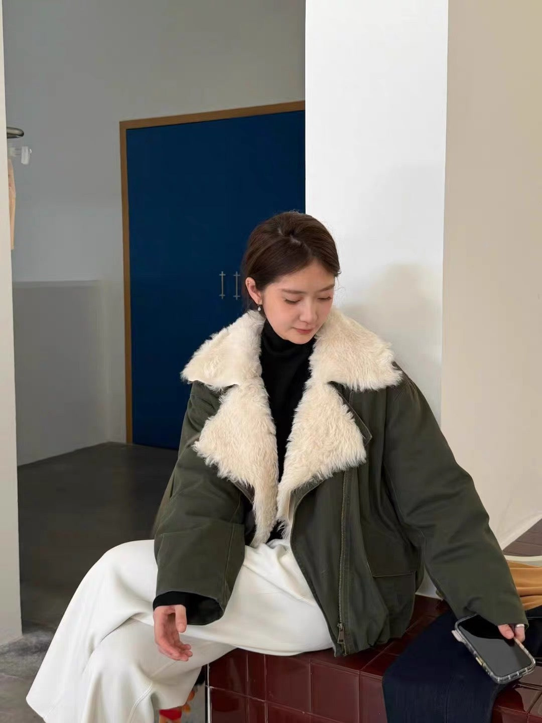 Shearling Zip Up Goose Down Coat