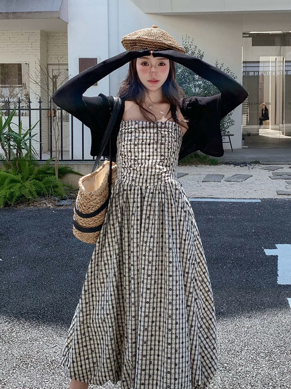 Floral plaid slip dress and cardigan set