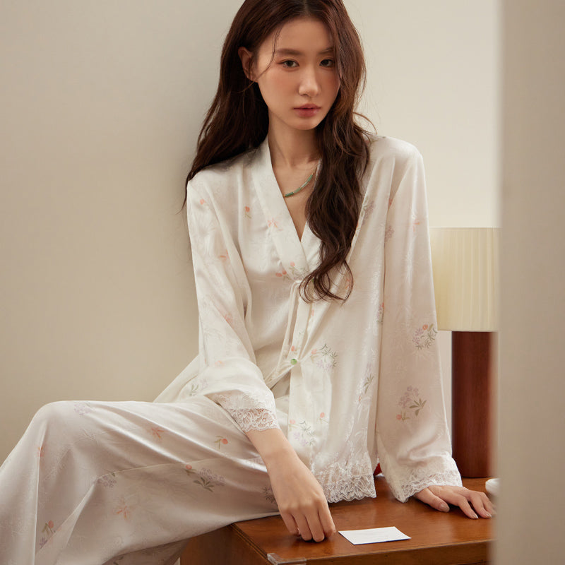 Knot button lace trim floral satin pajama set