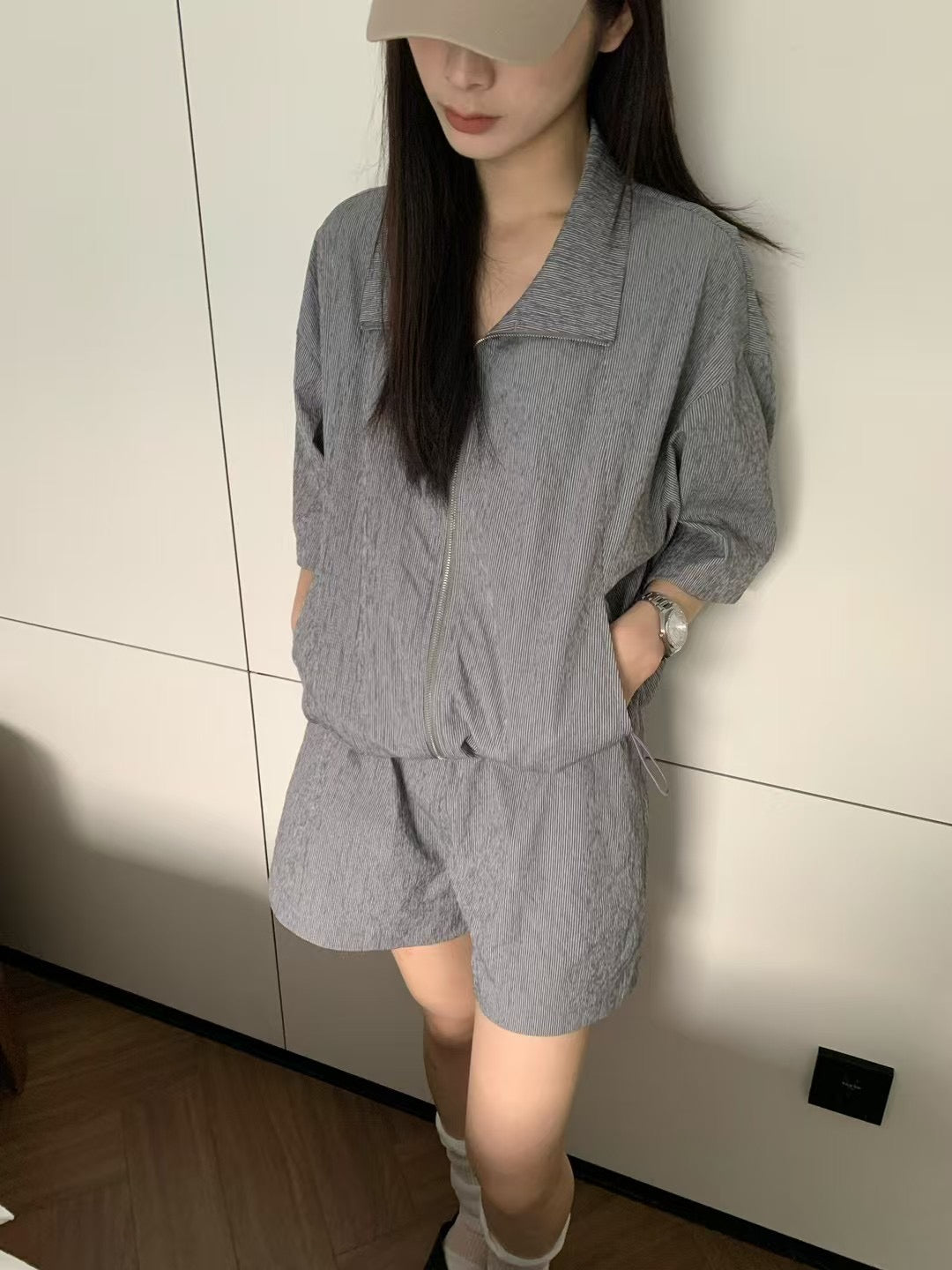 Striped zipper short-sleeved top and shorts set