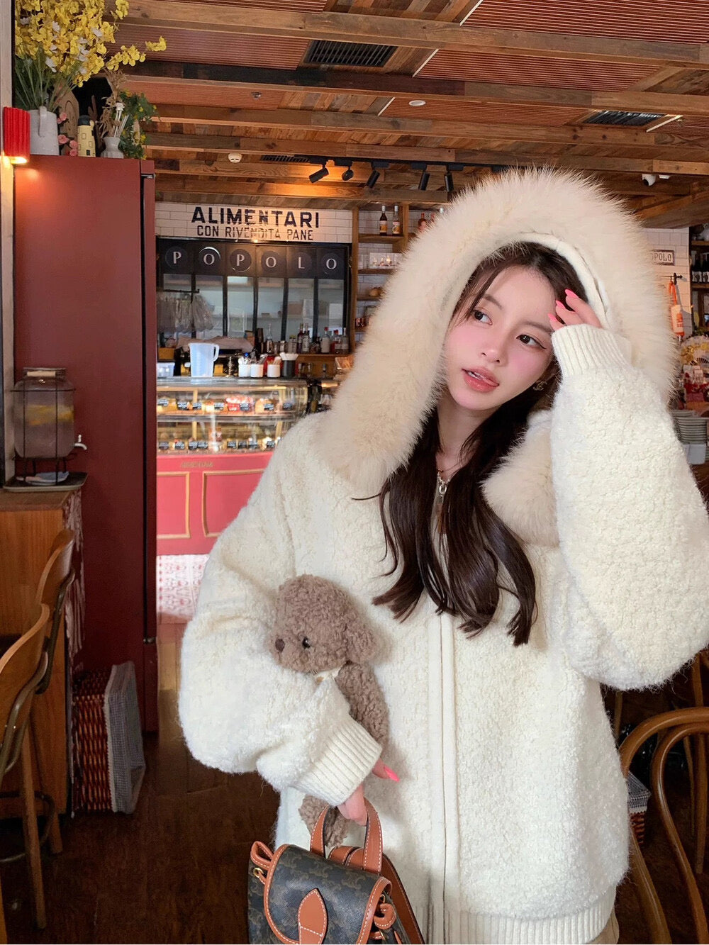 Fox fur hoodie cardigan