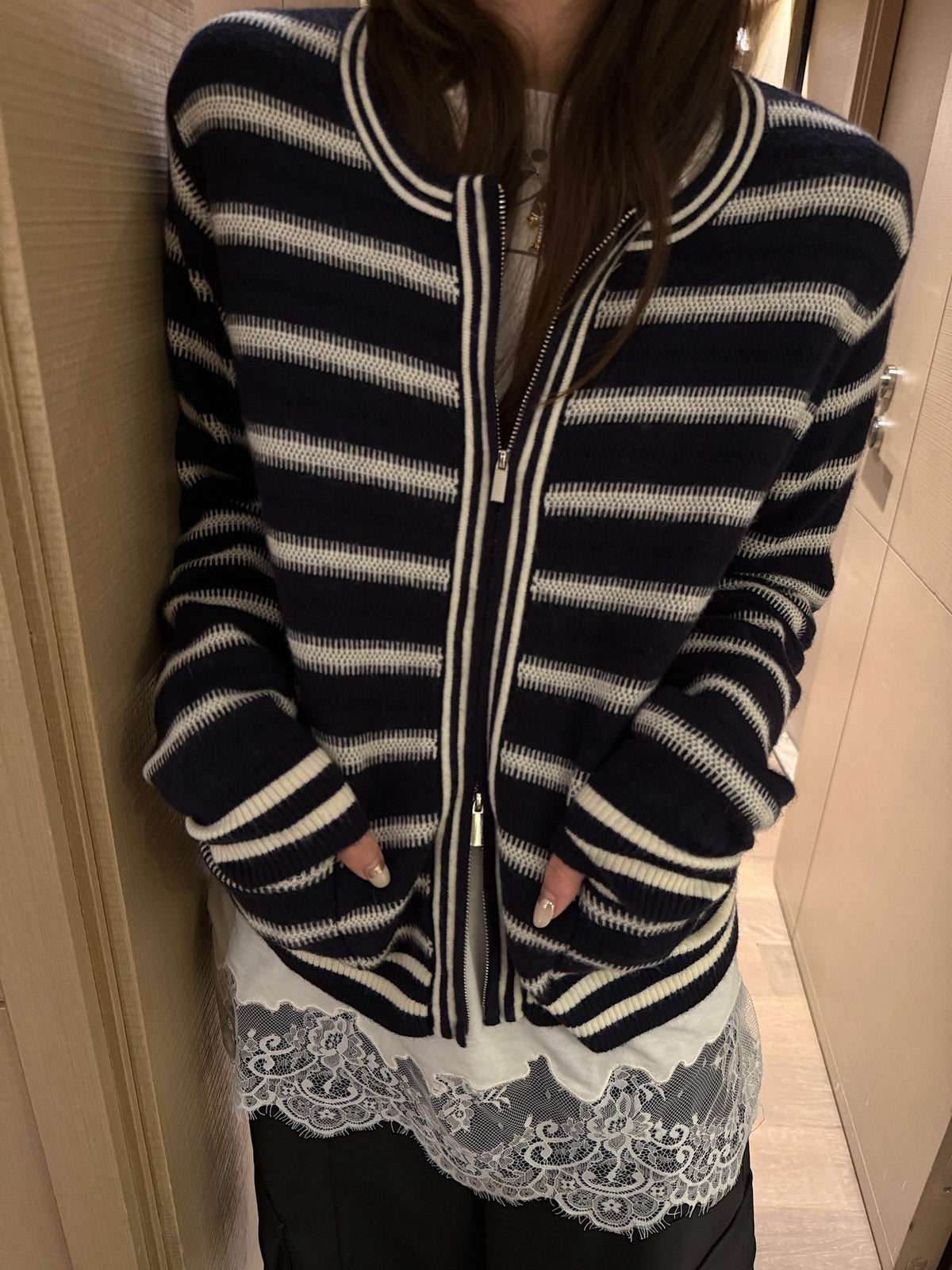 Stripe zipper cardigan