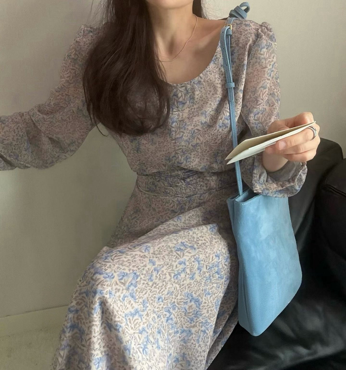 IMISSYOU wrinkle waist floral long dress in Blue