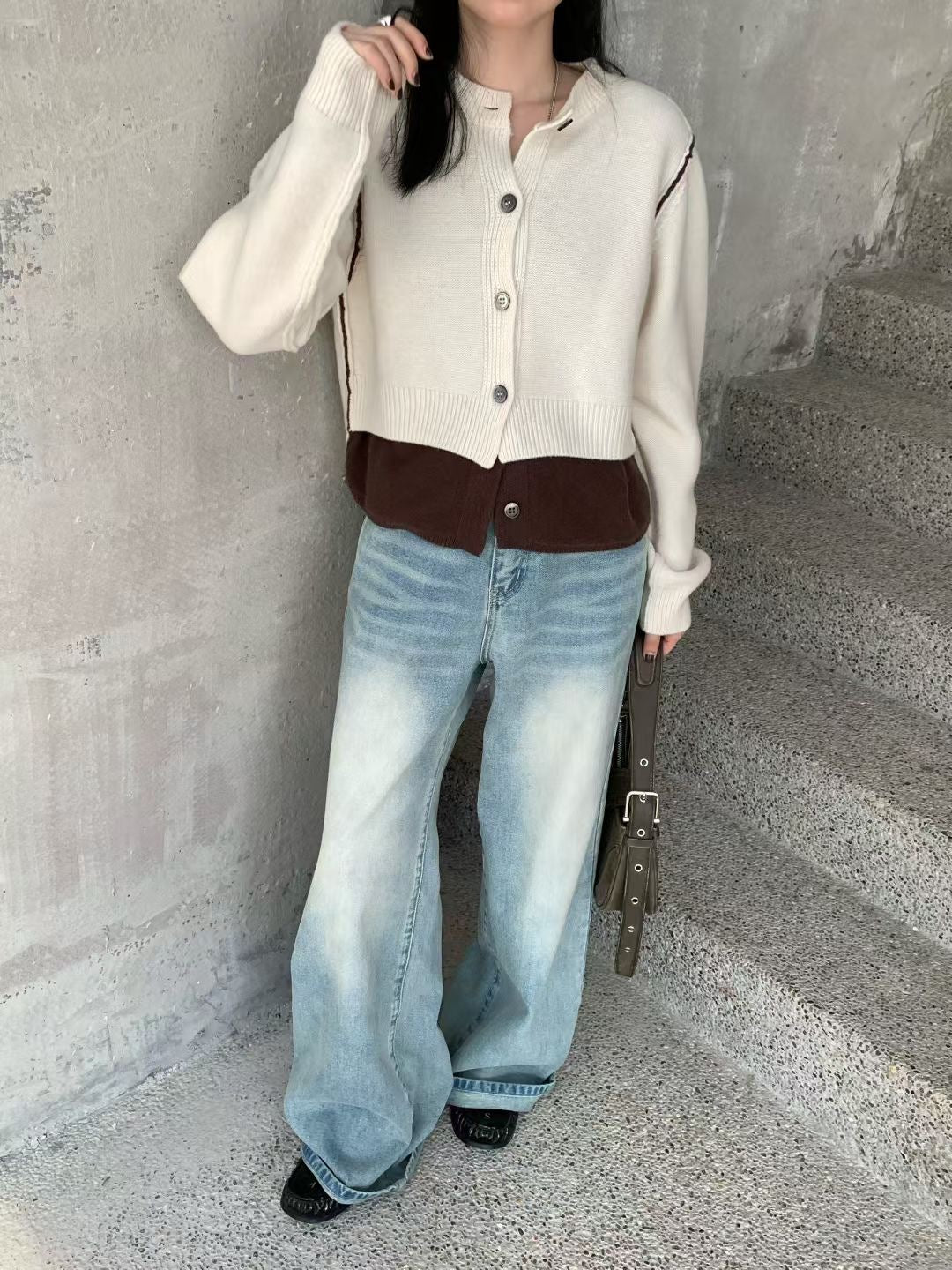 Fake 2-piec stitches cardigan (100% Wool)