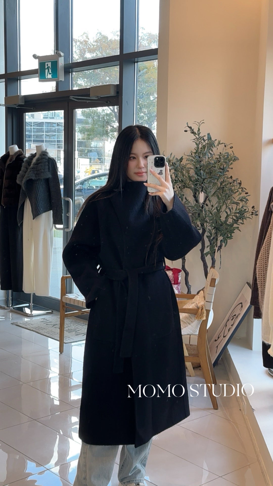 Horn button long wool jacket