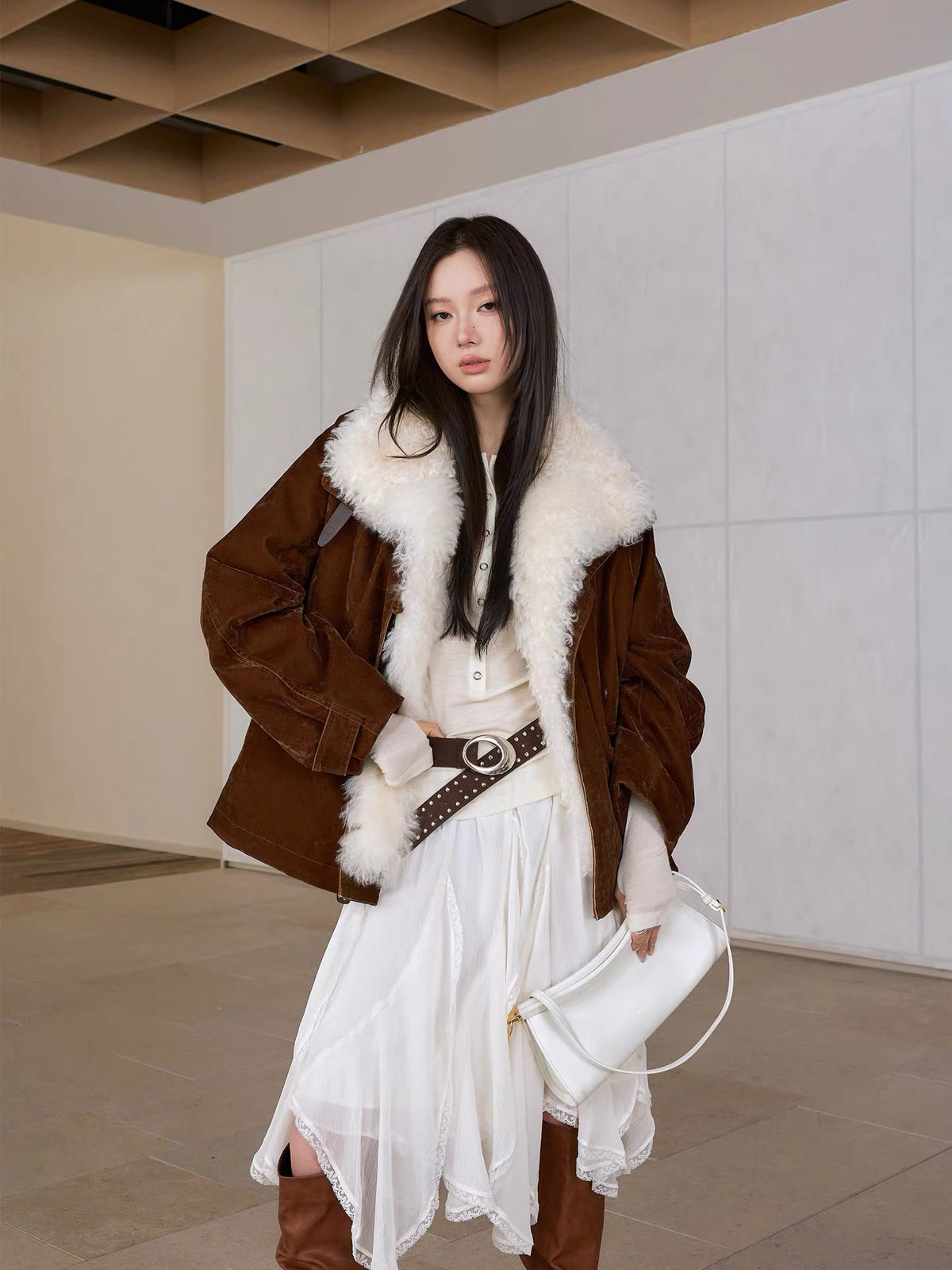 Velvet goose down shearling lined mid-length button up coat