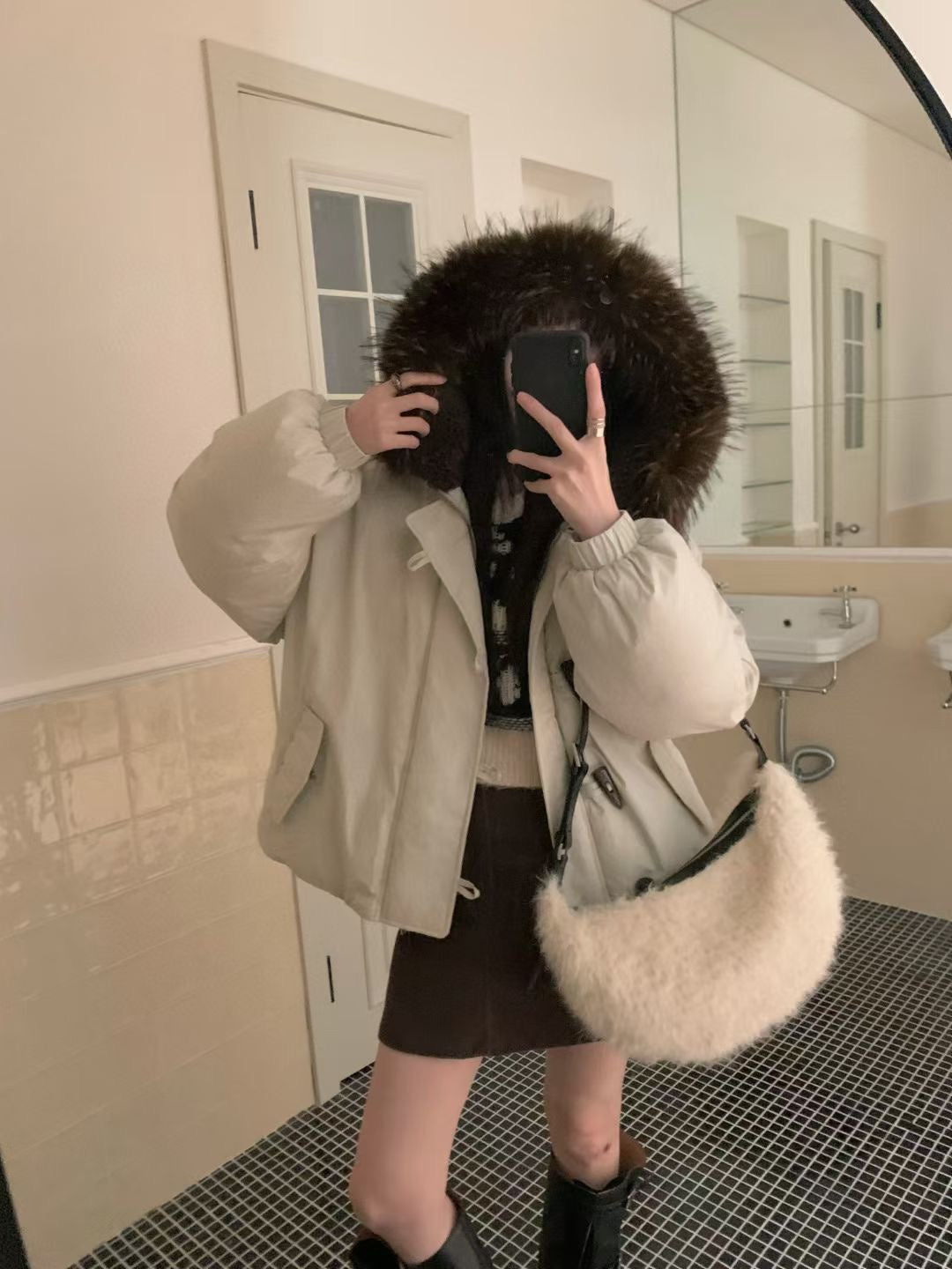 Faux fur hoodie horn button down jacket